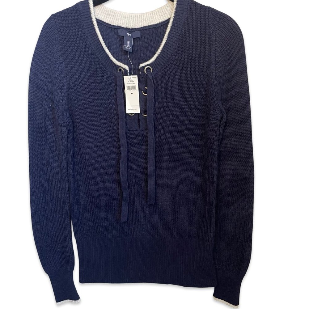 Gap Blue White Collar Trim Lace Up Pullover Sweater size Medium